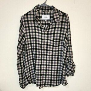 Pistola Women's Plaid Buffalo Check Black Tan Oversized Flannel Top Size Large
